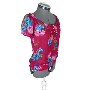 Hollister Blouse Women's Medium Sheer Boat Neck Ruffles Pink Floral Tropical